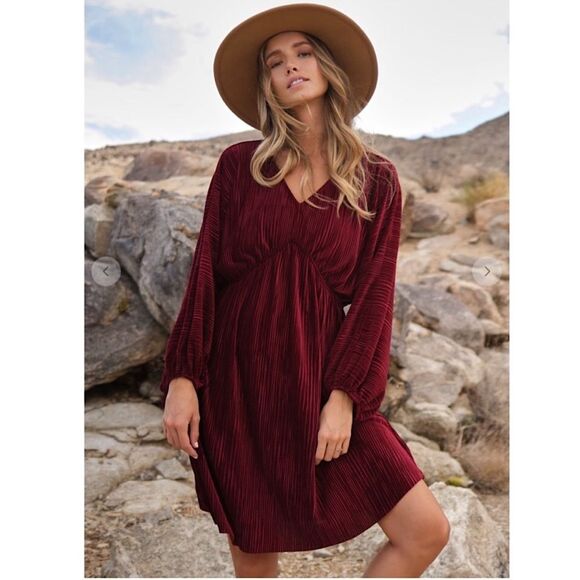 Stunning Boho Chic Rich Wine Red Velvet Ribbed V-Neck Long Sleeve Dress Large - Picture 5 of 6